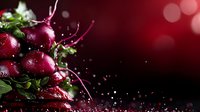 Fresh radishes with water drops and green leaves on dark red background with bokeh effect and copy space for food photography and menu design.