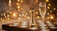 Golden chess king piece and champagne flute on checkered board with warm bokeh lights creating luxurious celebration atmosphere for success and victory.