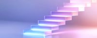 Glowing neon stairs ascending upward against gradient purple and pink background, creating futuristic minimalist composition with light effects.