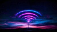 Glowing wifi tower radiating neon pink and blue waves against dramatic sunset sky, modern technology concept visualization for wireless communication and internet.