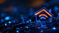 Glowing house icon with wifi symbol on circuit board background with blue bokeh lights, representing smart home technology and internet connectivity.