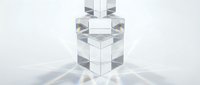 Stacked transparent glass cubes with light refraction and prism effects on white background, isolated for design use.