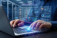 Business professional using advanced hiring automation system with holographic interface displaying candidate analytics and recruitment data dashboards.
