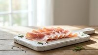 Sliced prosciutto ham arranged on white marble cutting board with fresh herbs and peppercorns in bright kitchen setting for gourmet cooking and dining.