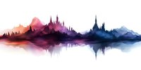 Mystical mountain landscape silhouette with colorful gradient from pink to purple and blue, reflected in calm water surface. Artistic watercolor style panorama.