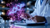 Medical professional analyzing glowing DNA structure visualization on digital tablet, futuristic genetic research concept with purple and blue particles.