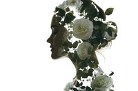 Woman silhouette profile with white roses double exposure artistic portrait on white background for beauty wellness spa design projects.