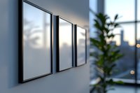 Empty black photo frames hanging on white wall in modern interior with blurred window view and plant silhouette during sunset creating atmospheric mood.