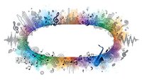 Colorful musical frame with rainbow gradient featuring notes, instruments, and sound waves creating oval border on white background for creative projects.