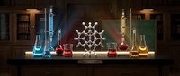 Laboratory glassware with colorful chemical solutions and molecular structure model on wooden table in vintage chemistry lab setting.