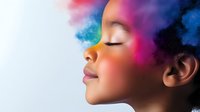 Young African American woman in profile with closed eyes and serene expression against colorful powder cloud background creating dreamy artistic portrait.