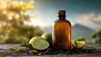 Amber glass bottle with fresh lime slices and tea leaves on rustic wooden surface against blurred natural landscape background.