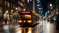 Red streetcar with access denied sign moving through rainy city street at night, illuminated by decorative lights and lampposts along wet pavement in urban setting.