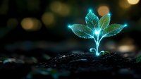 Glowing turquoise plant sprout emerging from dark soil with bokeh background, representing growth, innovation, and environmental technology concepts.