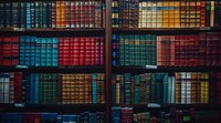 Vintage library shelves filled with colorful hardcover books arranged in rows, creating vibrant pattern of red, blue, green and gold spines. Academic atmosphere.