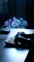 Hands typing on keyboard with glowing cloud computing network hologram displaying connected servers and data storage infrastructure in futuristic digital workspace.