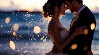 Romantic couple embracing at sunset beach wedding with bokeh light effects and ocean backdrop, creating dreamy atmosphere for celebration of love.