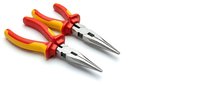 Professional electrician pliers with insulated red and yellow handles isolated on white background for electrical work and repair projects.