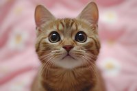 Adorable ginger cat with big round eyes looking up curiously against pink background, close-up portrait showing expressive face and whiskers for pet and animal content.