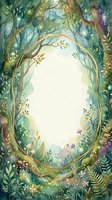 Watercolor forest frame with golden oval border, lush green foliage and magical sparkles creating enchanted woodland border for invitations and cards.