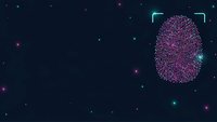 Digital fingerprint scan with glowing neon lines on dark starry background for cybersecurity and biometric authentication technology concepts.