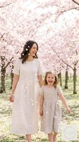 Woman and young girl in cream dresses walking through blooming cherry blossom orchard, holding hands, spring family portrait session with flowering trees.