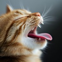 Ginger cat yawning in close-up macro shot showing detailed whiskers, pink tongue, and white teeth against dark background, displaying natural feline behavior.