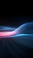 Glowing wave of digital lines in blue and pink neon colors against dark background with stars, creating futuristic flowing motion effect.