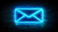 Glowing blue neon mail envelope icon on dark background with reflection, modern digital communication symbol for apps and web design.