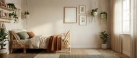 Cozy boho bedroom interior with rattan bed, hanging plants, wooden shelves and warm natural lighting for home decor and lifestyle design projects.