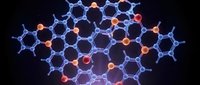 Molecular structure with hexagonal lattice network showing chemical bonds and atoms in blue and orange colors on dark background for science education.
