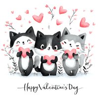 Three adorable cartoon cats holding pink hearts with floral elements and Happy Valentine's Day text on white background for romantic greeting cards.