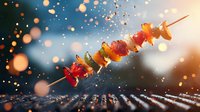 Grilled vegetable skewer with colorful bell peppers, tomatoes and zucchini flying above rustic grill grate with fire sparks and smoke in dramatic lighting.