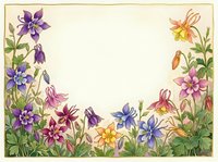 Watercolor floral frame with colorful columbine flowers in purple, pink, blue and yellow, forming a botanical border with copy space.