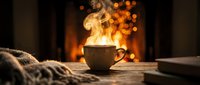 Close-up of steaming cup with fire flames emerging from inside, surrounded by cozy blanket and books on wooden table with warm bokeh background.
