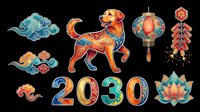 Colorful Chinese New Year 2030 clipart set with dog, lantern, firecrackers, lotus, clouds, isolated on transparent background, for stickers, T-shirts, print on demand.