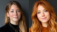 Young woman with blonde and ginger hair variations showing natural smiling expressions against dark background, demonstrating hair color transformation and beauty makeover results.