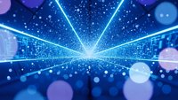 Blue digital tunnel with bright cyan laser beams converging to center point. Futuristic technology background with glowing particles and bokeh effects.
