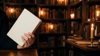 Person holding open blank book in candlelit library with wooden shelves, warm lighting, and reading desk for education, literature, and knowledge concepts.