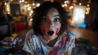 Young Asian woman with messy dark hair and blood stains on face and white t-shirt expressing shock with wide open mouth against blurred festive lights background.