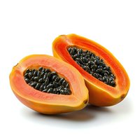 Fresh ripe papaya fruit cut in half showing black seeds and orange flesh isolated on white background, clean professional food photography.