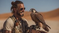 Bearded man with sunglasses and falcon in desert landscape, showcasing traditional falconry in Middle Eastern setting.