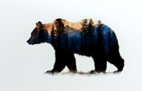 Double exposure silhouette of wild bear with mountain forest landscape at sunset, pine trees and peaks merged in wildlife shape on white background.