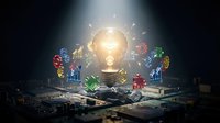 Glowing lightbulb surrounded by colorful gears and circuit board components, symbolizing innovation, creativity, and technological solutions for business and design projects.