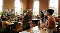 Mature Caucasian female teacher with gray hair helping young Asian female student in bright classroom with arched windows during lesson.
