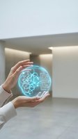 Hands protecting glowing brain hologram with circuit patterns in modern office environment representing artificial intelligence and mental health protection.