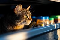 Curious tabby cat illuminated by warm sunlight gazes through shelf with colorful jars in background, creating atmospheric domestic scene with dramatic lighting.
