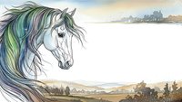 Majestic unicorn with flowing rainbow mane overlooking serene mountain landscape at golden hour sunrise, mythical creature fantasy art for storytelling projects.