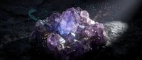 Purple amethyst crystal cluster with magical sparkles and light rays on dark background for spiritual healing and meditation practices.