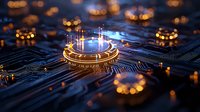 Futuristic glowing processor on circuit board with golden light effects and bokeh background, representing advanced computing technology.
